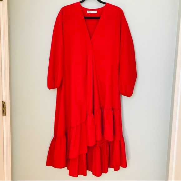 ZARA RED POPLIN MIDI DRESS. SIZE MEDIUM - Picture 2 of 9